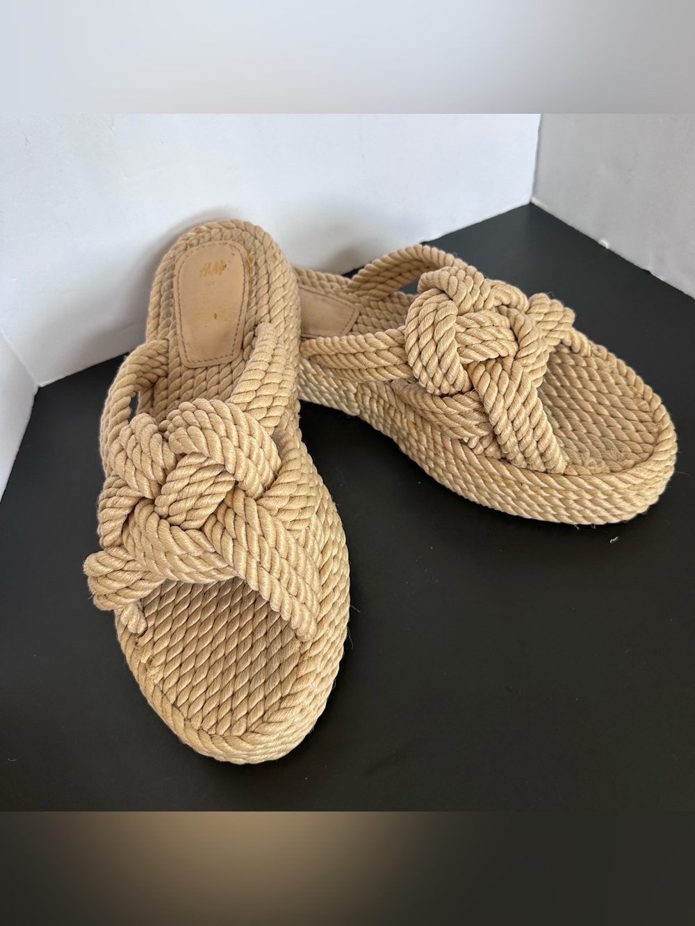 H&M womens 8 Braided Rope Platform Slide Sandals Tan Beige Knotted Boho Natural